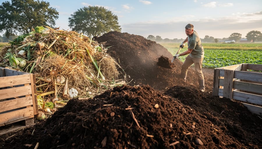 Farmer's hands holding dark compost with visible organic matter and earthworms