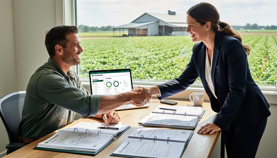 Farm office desk with organized record-keeping binder and documentation