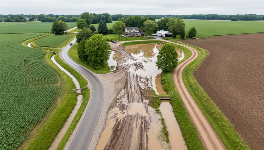 Aerial view of farm showing multiple access roads and transportation routes to main buildings