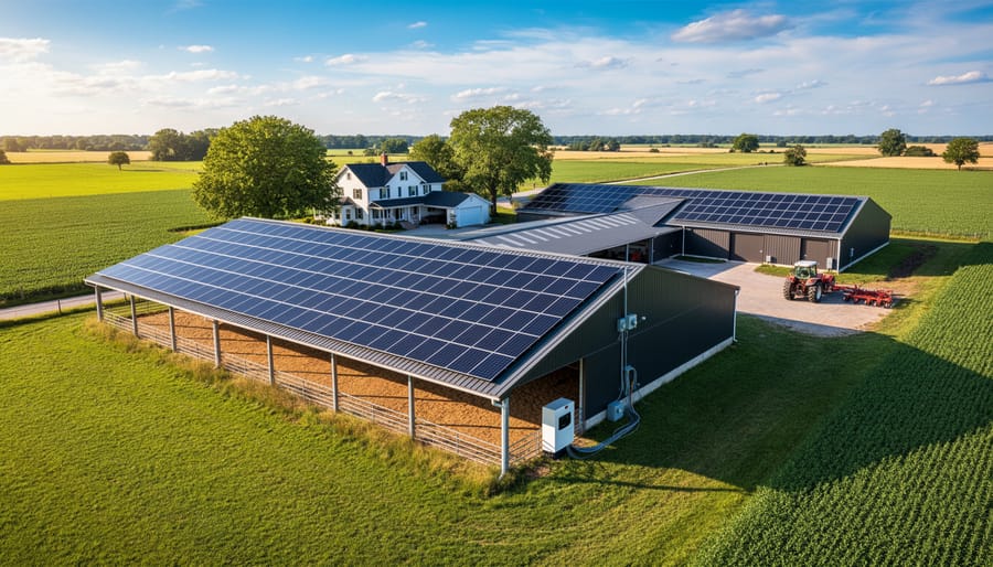 Solar panels installed on red barn roof with prairie farmland in background