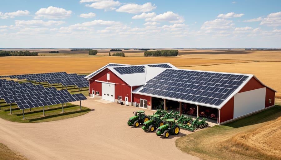 Solar panels installed on barn roof with wheat field in foreground under blue sky