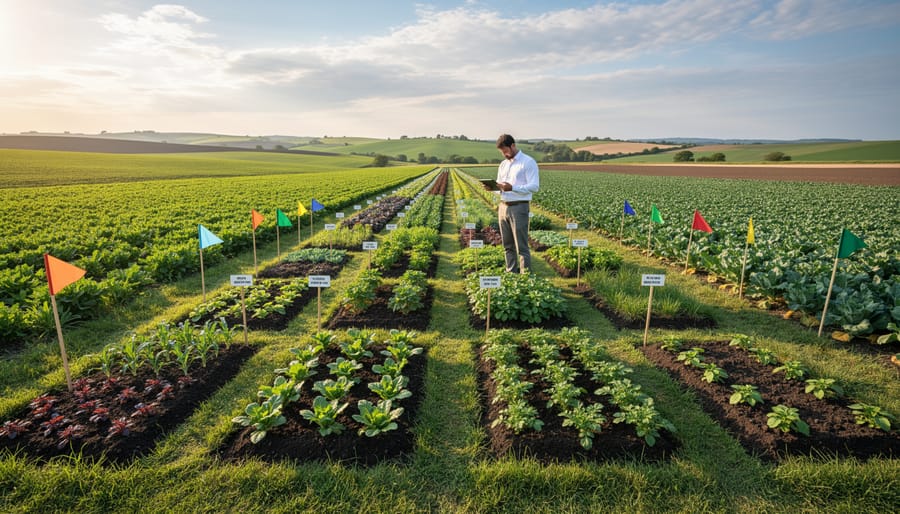 Farmer establishing trial plot areas with wooden stakes for agricultural experimentation