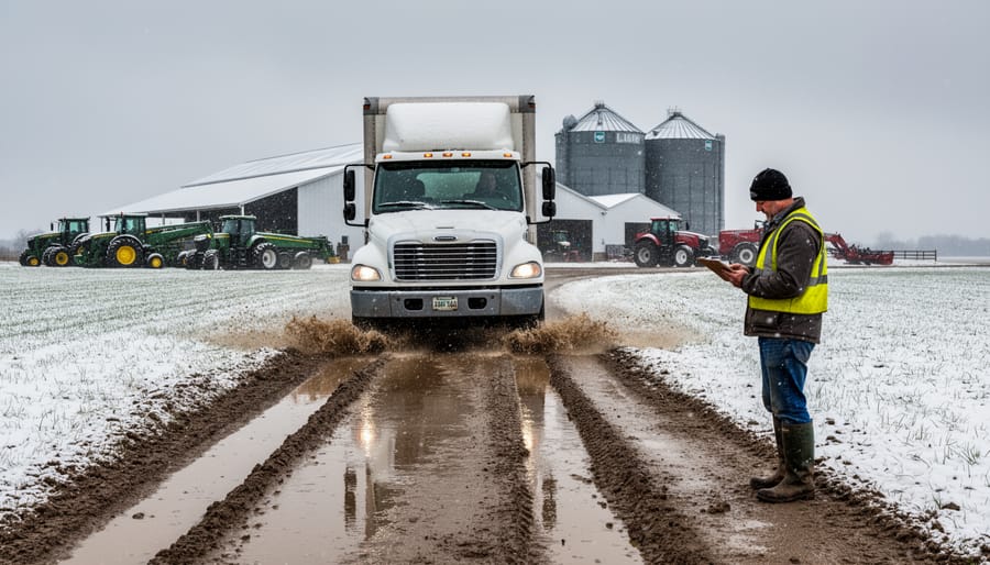 Farm truck stuck in mud on flooded rural road during challenging weather conditions