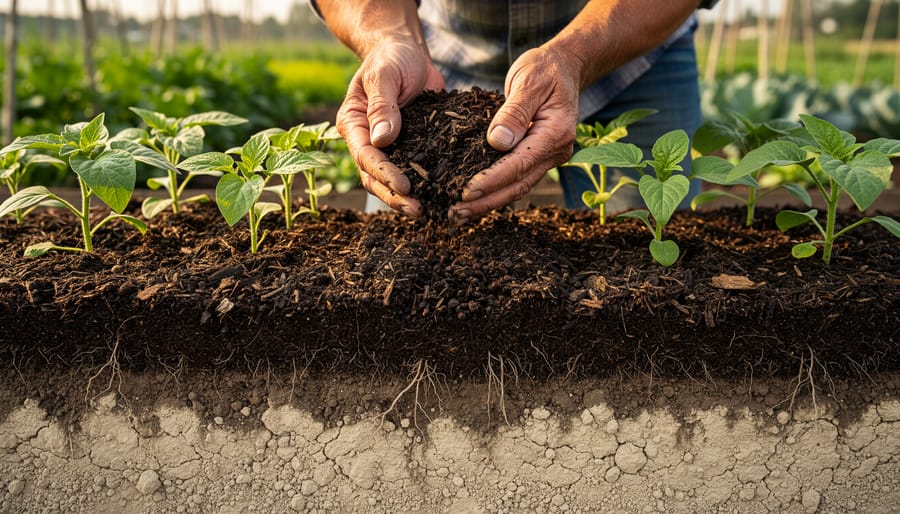 Organic farmer applying compost to agricultural field to improve soil health