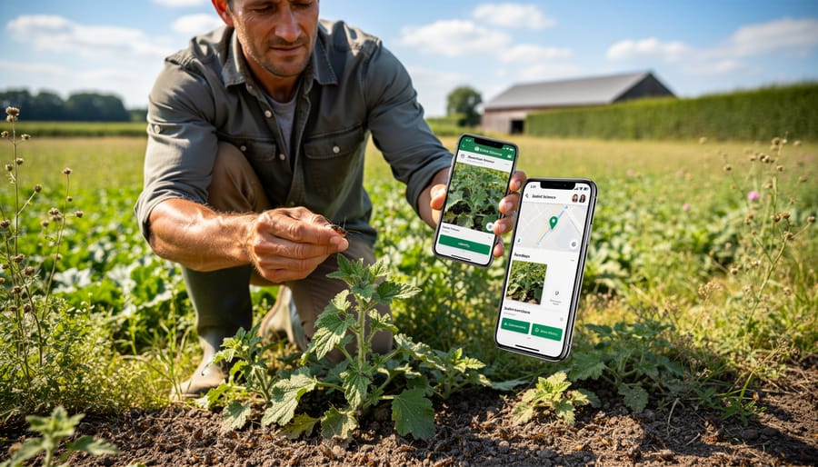 Farmer using smartphone app to identify invasive plant species in field