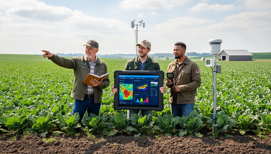 Farmer using digital tablet to access weather and climate data while standing in wheat field
