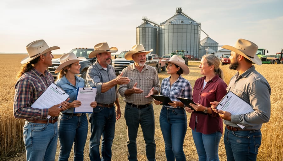 Group of farmers standing together in wheat field showing community solidarity