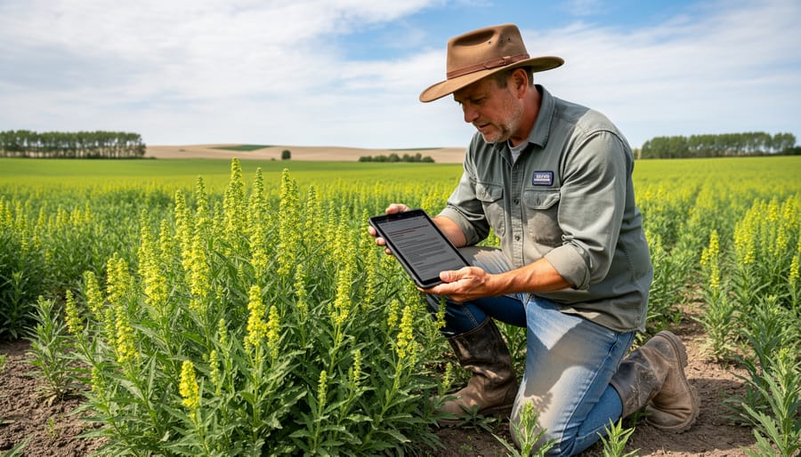 Farmer examining invasive leafy spurge plants growing among wheat crop