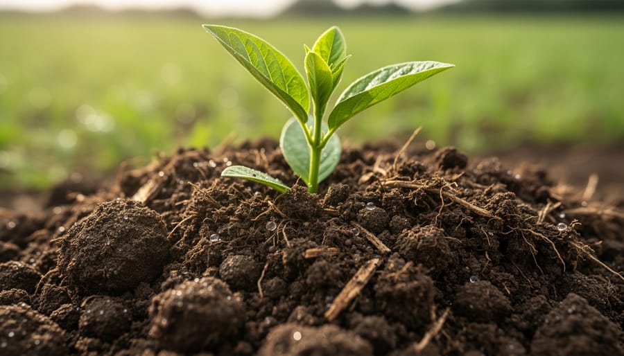Farmer's hands holding dark, carbon-rich agricultural soil with visible organic matter