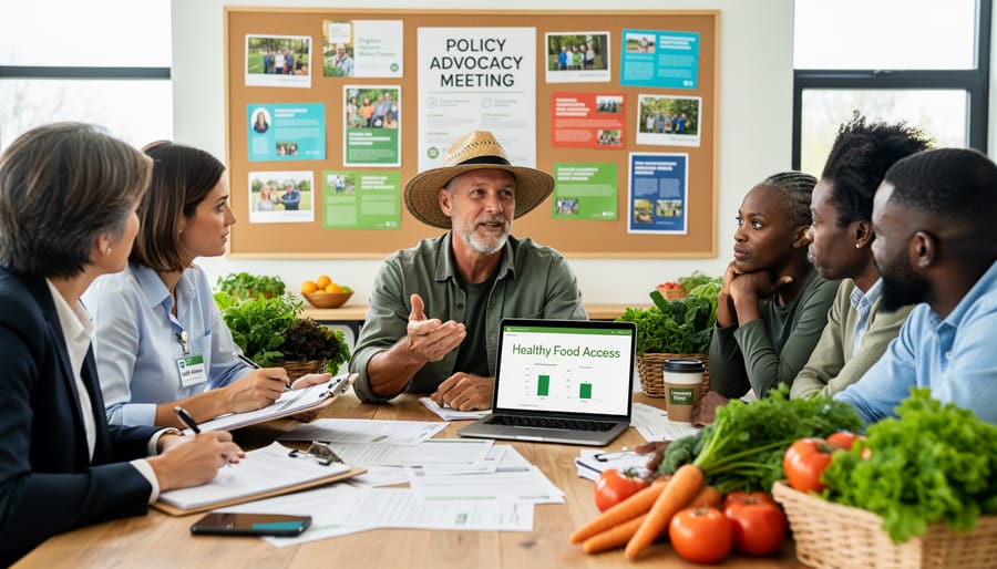 Farmers and policy representatives meeting together around table in collaborative discussion