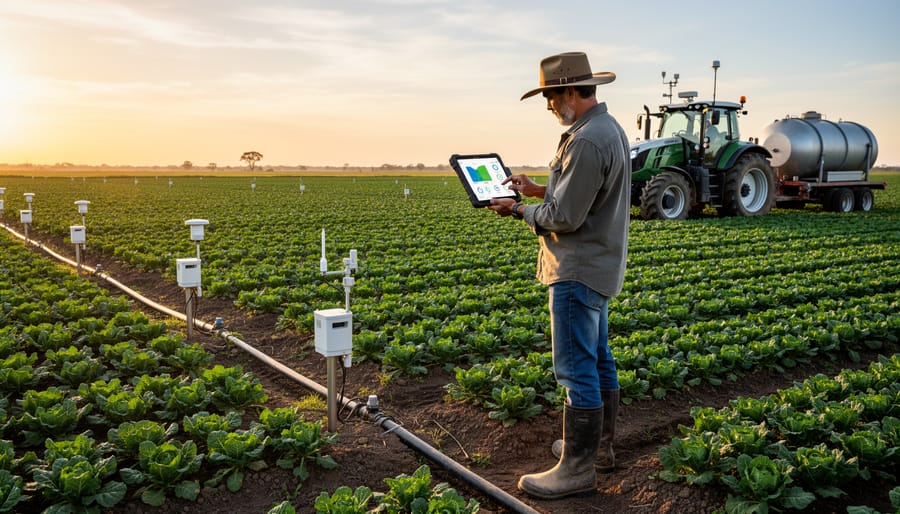 Farmer using digital tablet to monitor precision irrigation system in canola field