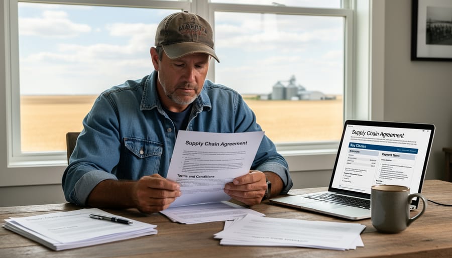 Farmer's hands reviewing contract documents on table with farmland visible through window