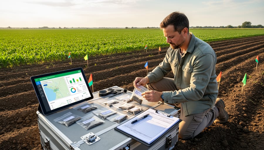 Alberta farmer examining soil sample in no-till agricultural field with crop residue