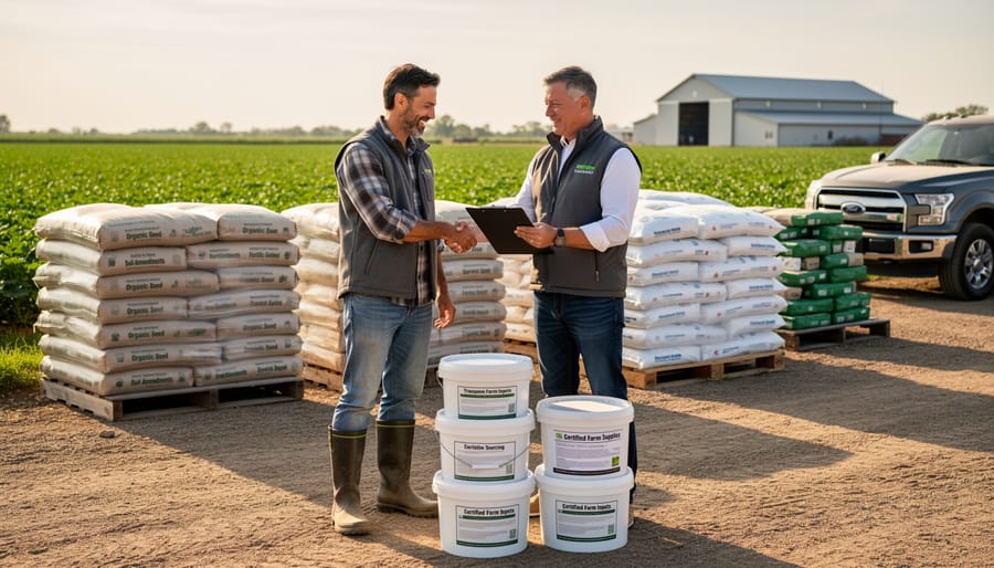 Farmer's hands holding fresh vegetables and seed packets on farm table