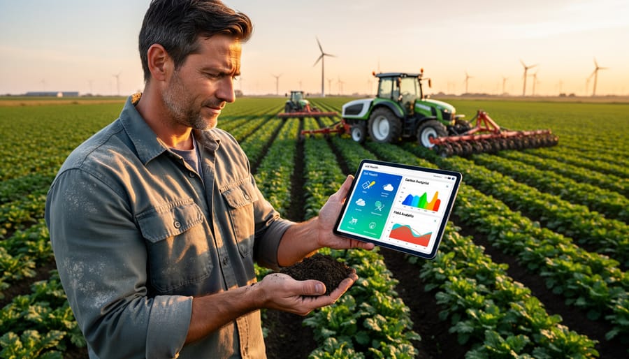 Farmer holding soil with smartphone visible in background showing agricultural technology