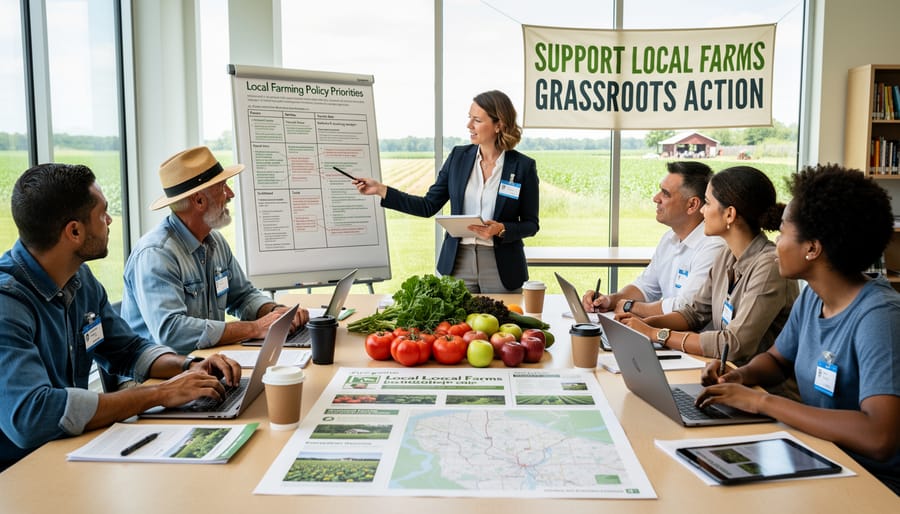 Group of farmers meeting around table discussing documents in community center