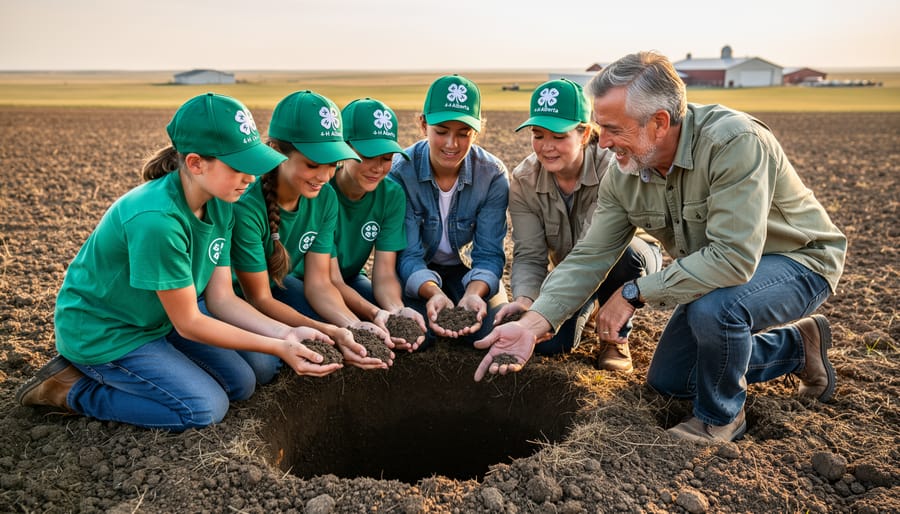 Group of farmers examining soil sample together in agricultural field during hands-on learning session