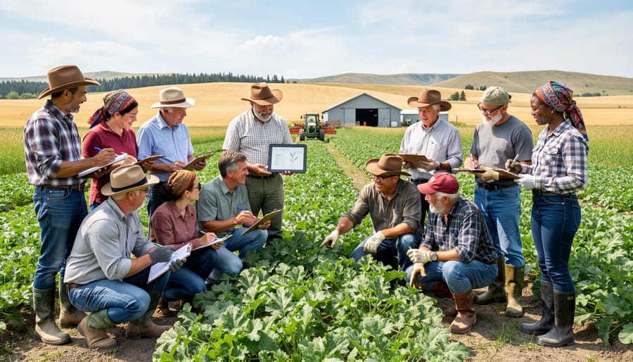 Diverse group of international farmers examining crops together in Alberta wheat field