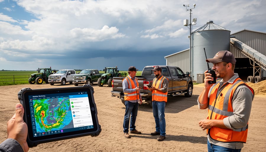 Two farmers using smartphone weather monitoring technology to plan farm transportation