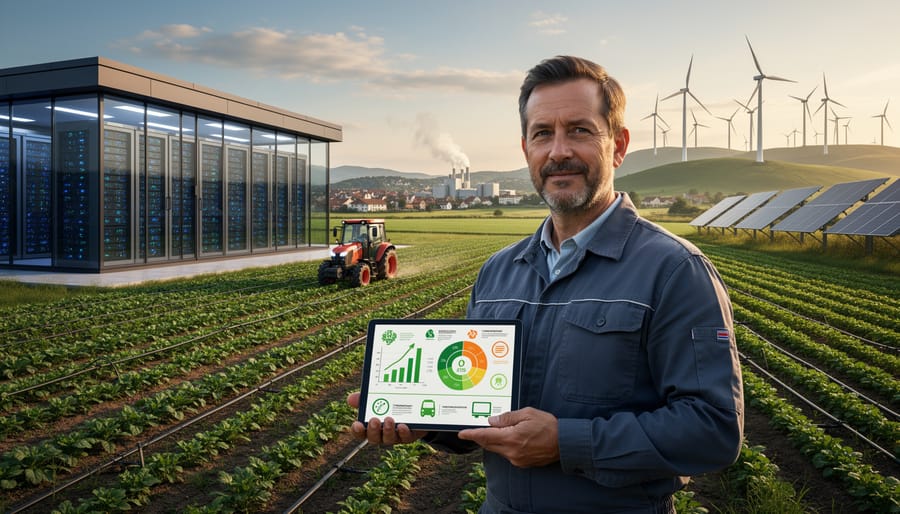 Aerial view of Canadian farmland with crop fields and renewable energy installations