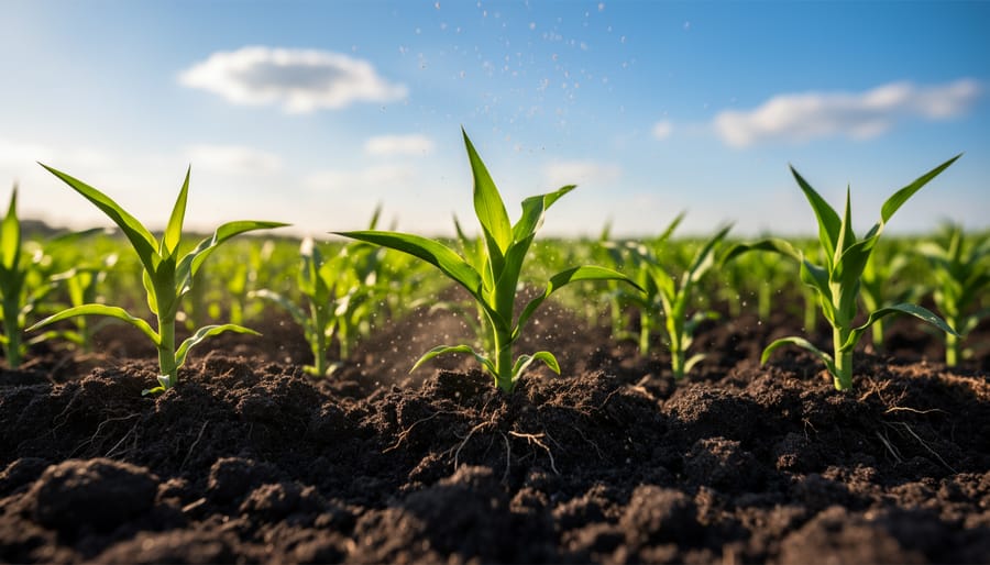 Cross-section view of wheat plants showing roots in dark soil with organic matter