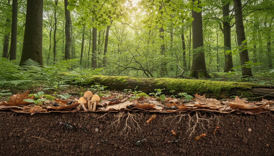 Cross-section view of forest ecosystem showing canopy trees, understory plants, ground cover, and soil layers