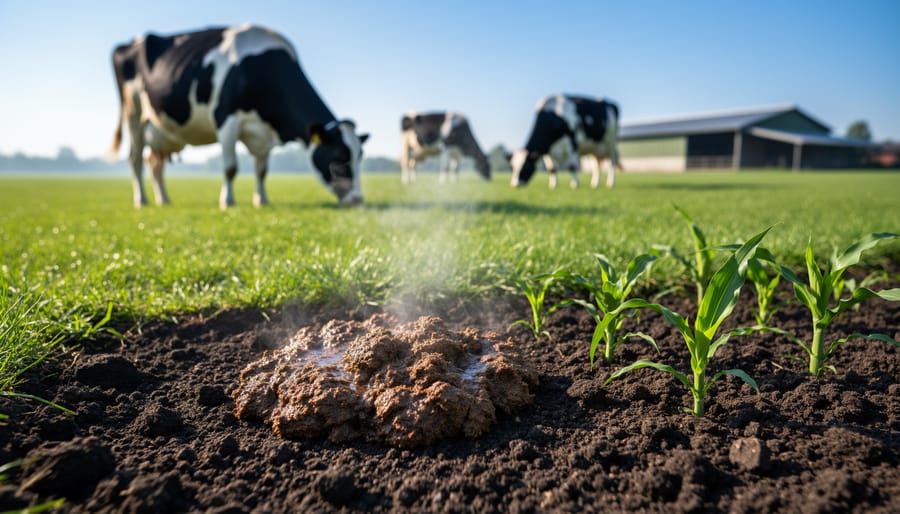 Fresh cow manure pile in Alberta cattle feedlot showing texture and composition