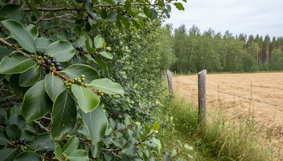 Close-up of glossy buckthorn plant showing distinctive leaves and dark berries