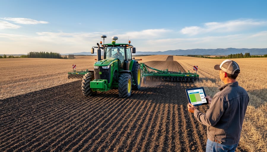 Tractor with GPS guidance system creating precise parallel rows in Alberta wheat field