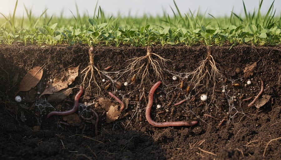 Macro close-up of soil cross-section showing earthworm tunnels, roots, and mycorrhizal fungi