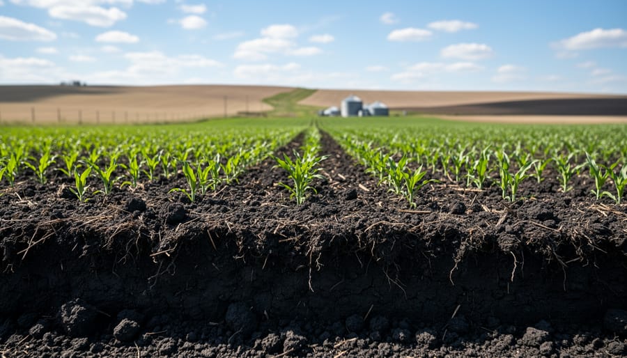 Farmer's hands holding dark nutrient-rich soil with visible organic matter in prairie farmland