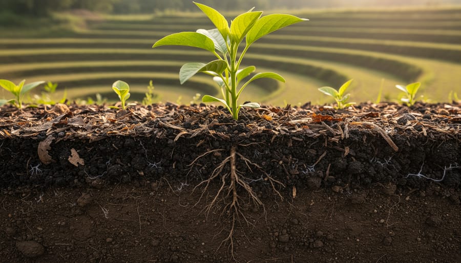 Close-up of farmer's hands holding rich healthy soil with visible organic matter