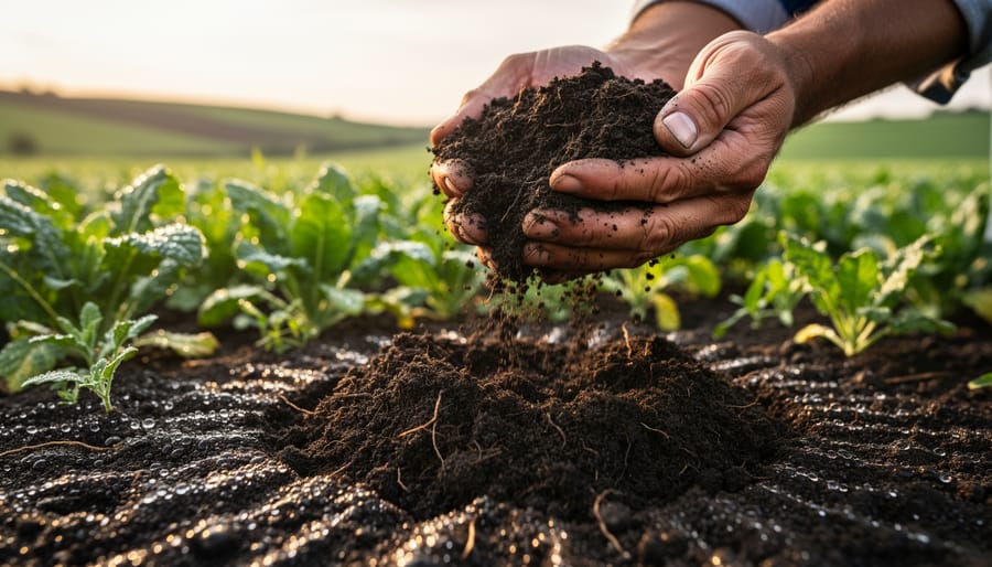 Farmer's hands holding healthy dark soil with visible organic matter