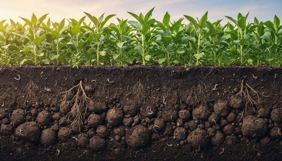 Cross-section of healthy agricultural soil showing root systems and organic matter