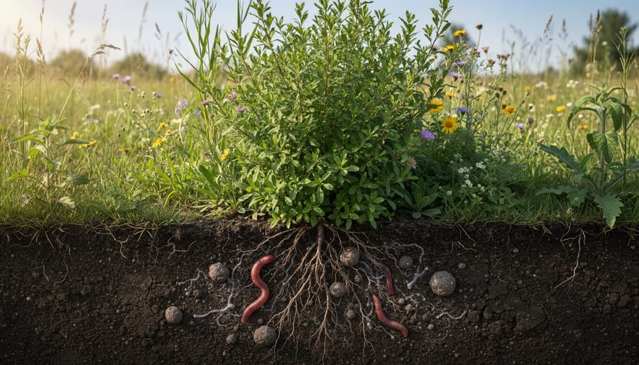 Close-up of healthy soil showing earthworm activity and diverse root structure
