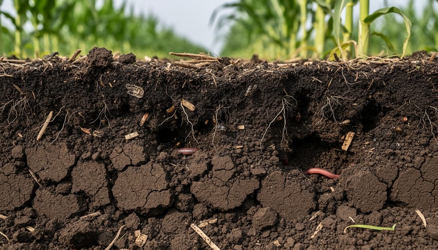 Close-up of dark, nutrient-rich soil with visible organic matter held in farmer's hands