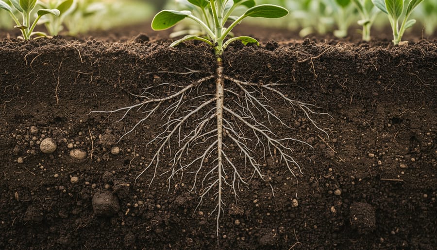 Close-up macro view of plant roots growing through dark organic soil with visible earthworm