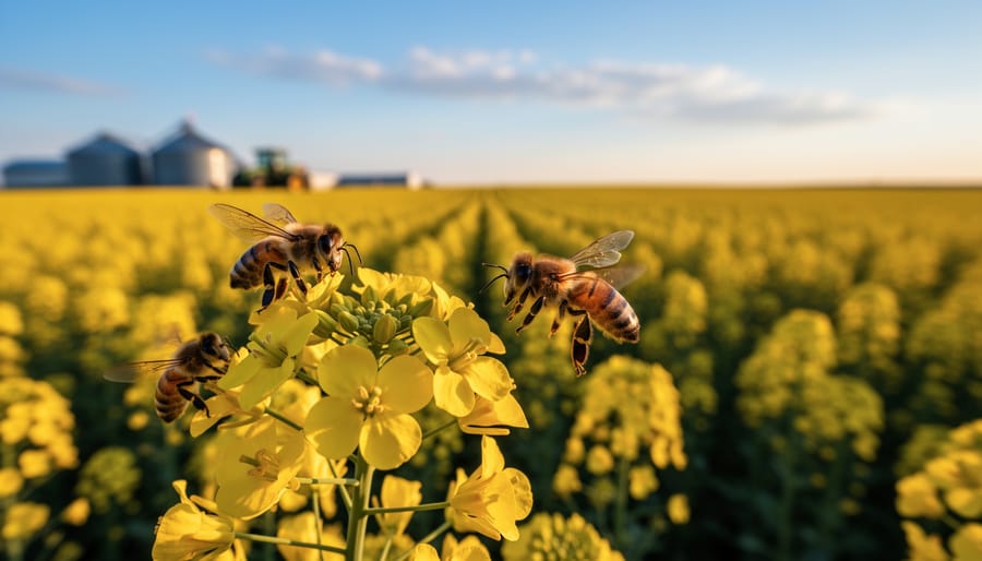 Close-up of honeybee gathering pollen from purple wildflower in prairie setting