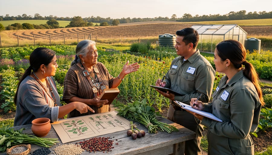 Indigenous Elder and farmer discussing agricultural practices in crop field