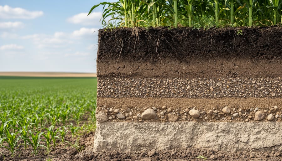 Cross-section view of soil profile showing multiple mineral layers and texture variations