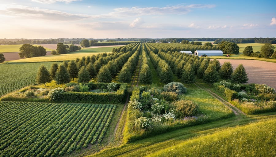 Aerial view of farm with integrated tree rows, crop fields, and wildlife corridors in Alberta landscape