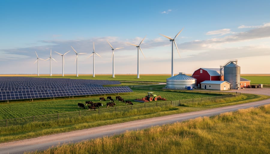 Wide view of Alberta farm with solar panels and wind turbine integrated into agricultural landscape at sunset