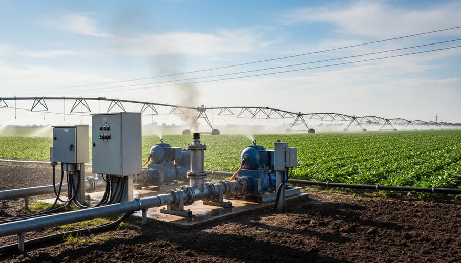 Irrigation pivot system with diesel pump house in agricultural field