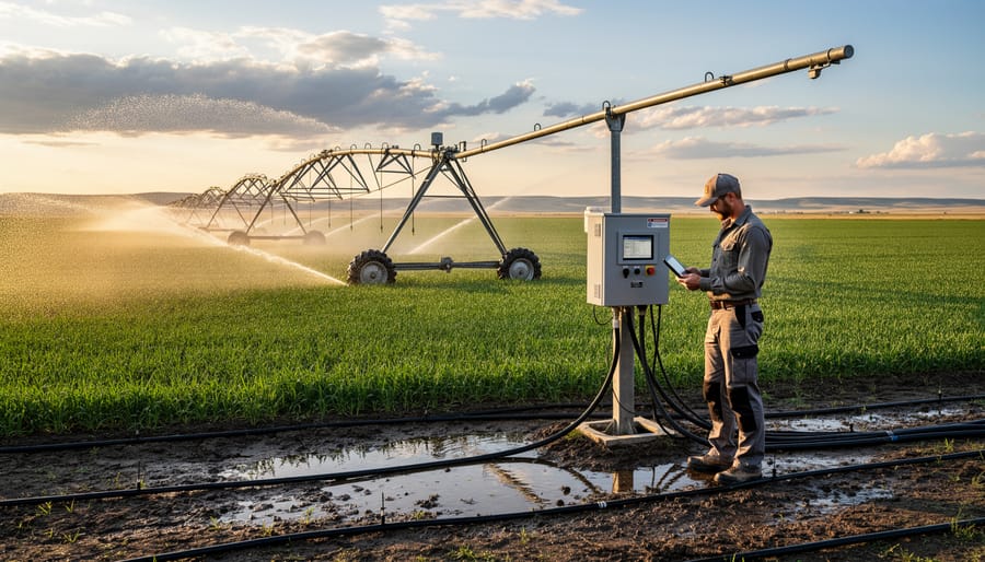 Center pivot irrigation system watering canola field under dramatic Alberta sky