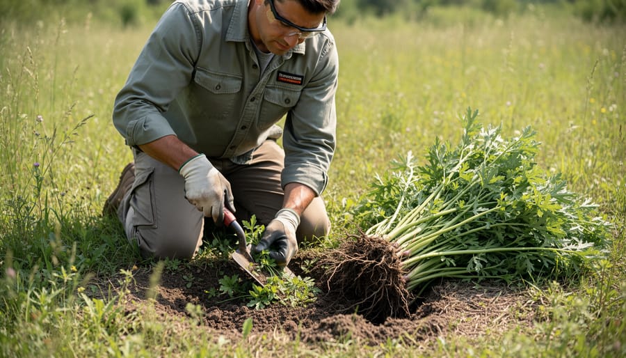 Farmer manually removing invasive plant seedling showing proper hand-pulling technique