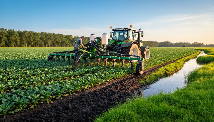 Modern manure spreader applying cow manure to agricultural field in Alberta