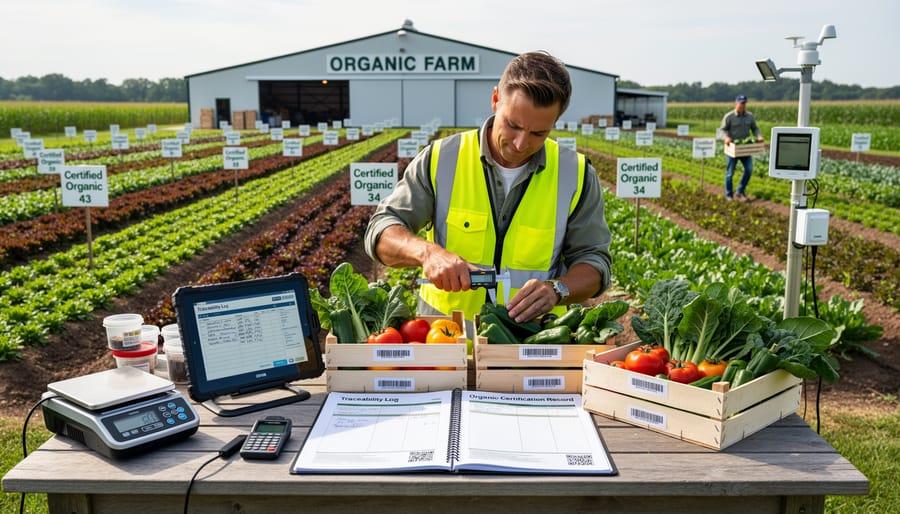 Farmer recording measurements in notebook next to digital scale with organic grain