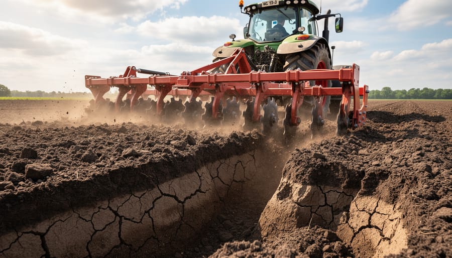 Subsoiler equipment breaking up compacted soil layers in agricultural field