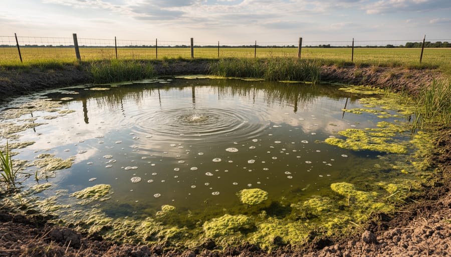 Methane gas bubbles rising through surface of farm dugout water
