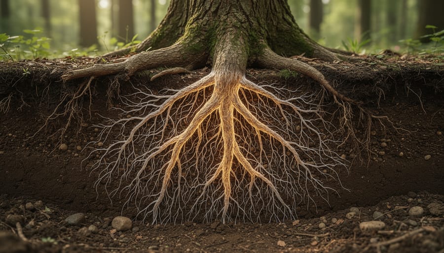 Close-up of white mycorrhizal fungal threads attached to tree roots in dark soil
